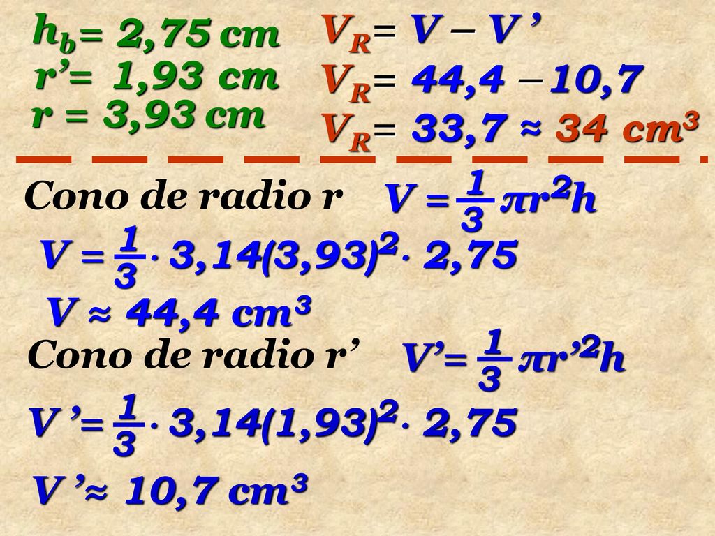 hb VR= V – V ’ = 2,75 cm r’= 1,93 cm VR= 44,4 –10,7 r = 3,93 cm