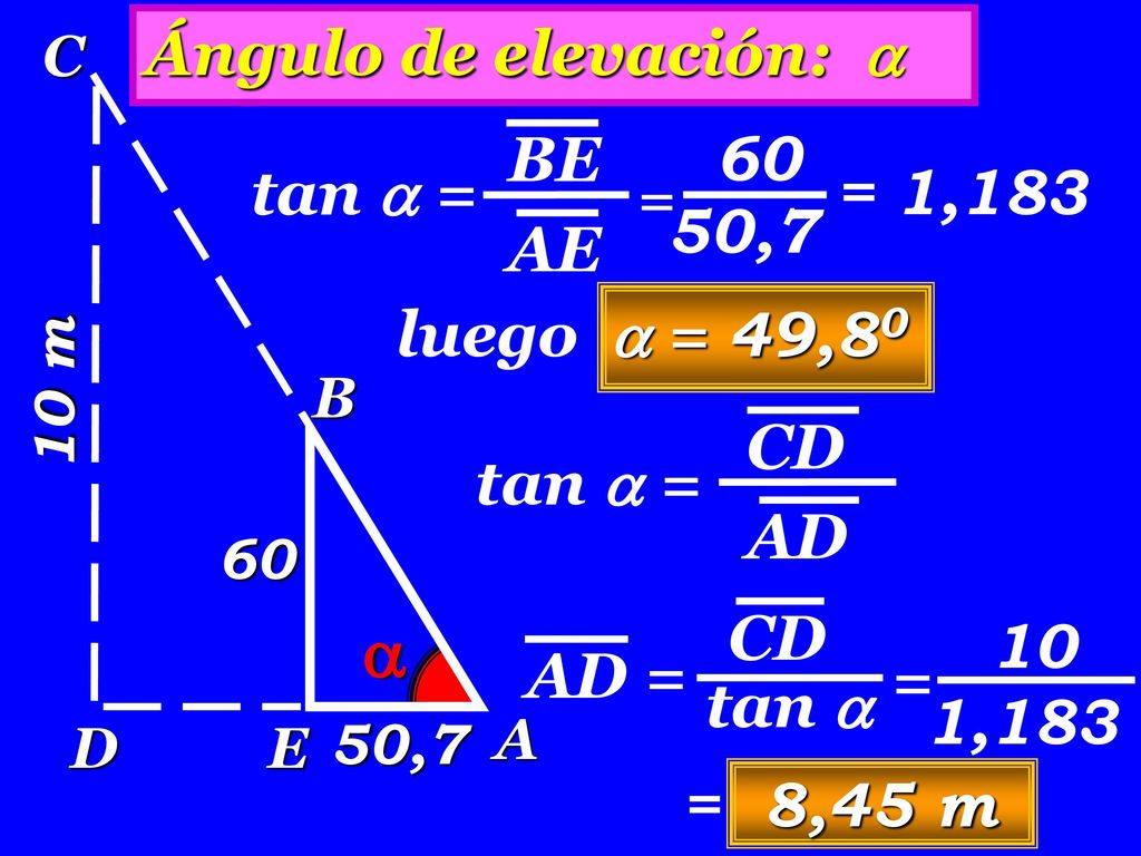  Ángulo de elevación:  BE AE 60 tan  = = = 1,183 50,7