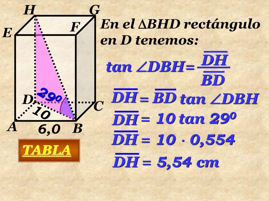 DH tan DBH= BD = tan DBH DH BD DH = 10 tan 290 DH = 10  0,554 DH