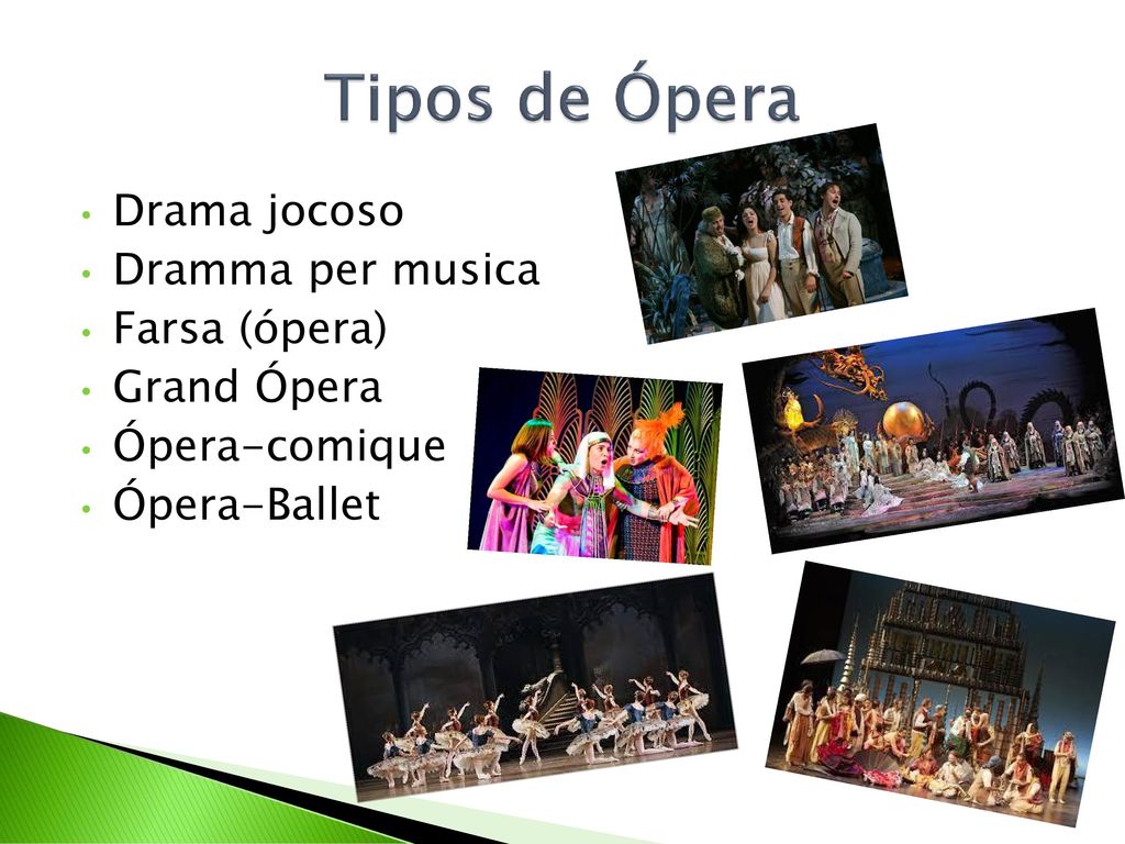 Tipos de Ópera Drama jocoso Dramma per musica Farsa (ópera)