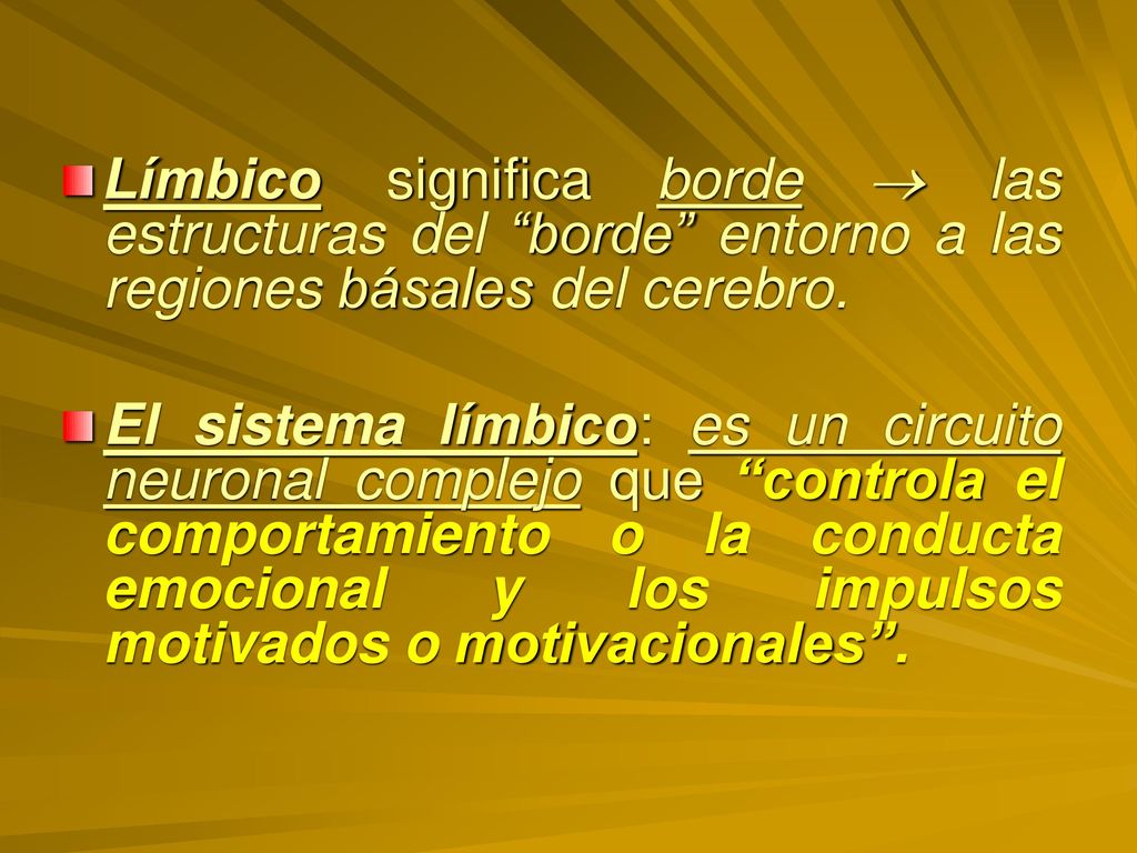 Límbico significa borde  las estructuras del borde entorno a las regiones básales del cerebro.