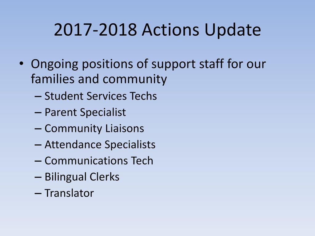 Actions Update Ongoing positions of support staff for our families and community. Student Services Techs.