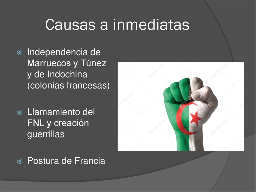Causas a inmediatas Independencia de Marruecos y Túnez y de Indochina (colonias francesas) Llamamiento del FNL y creación guerrillas.