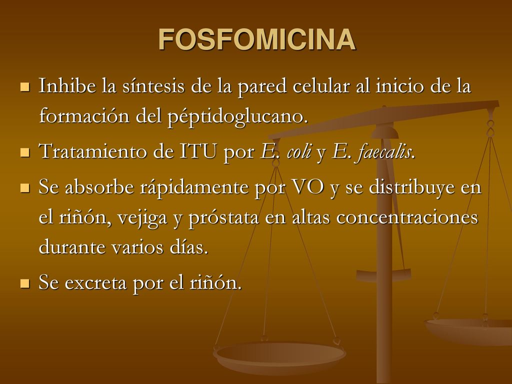 FOSFOMICINA Inhibe la síntesis de la pared celular al inicio de la formación del péptidoglucano. Tratamiento de ITU por E. coli y E. faecalis.