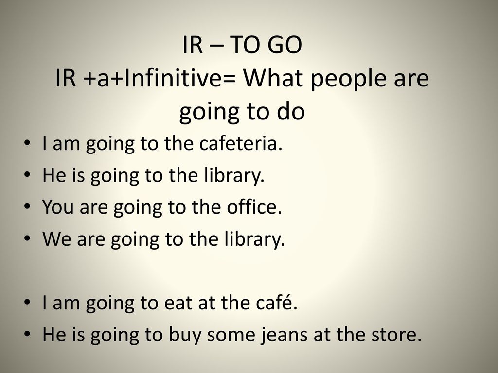 IR – TO GO IR +a+Infinitive= What people are going to do