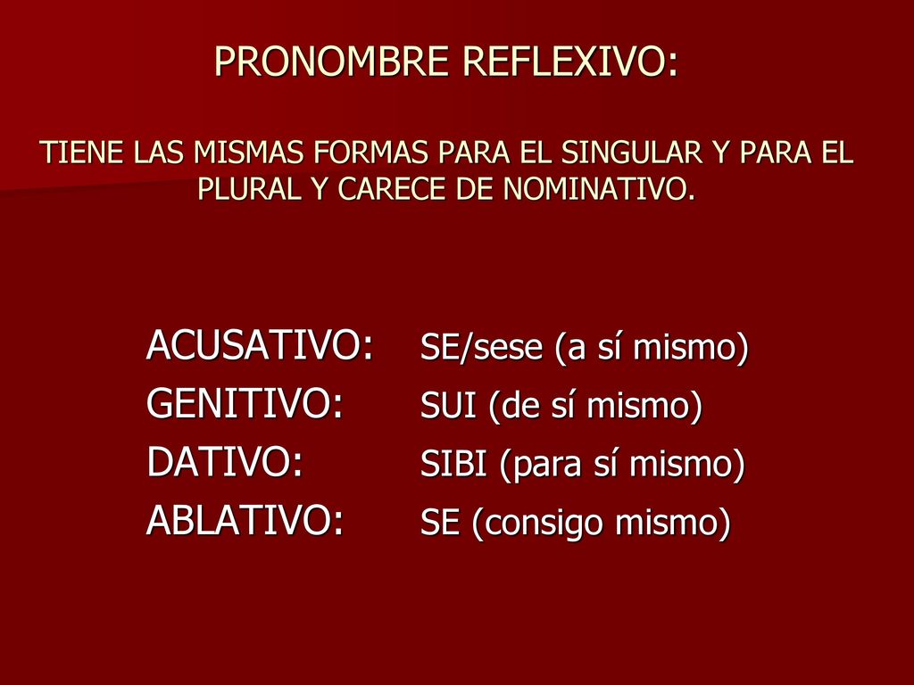PRONOMBRE REFLEXIVO: TIENE LAS MISMAS FORMAS PARA EL SINGULAR Y PARA EL PLURAL Y CARECE DE NOMINATIVO.