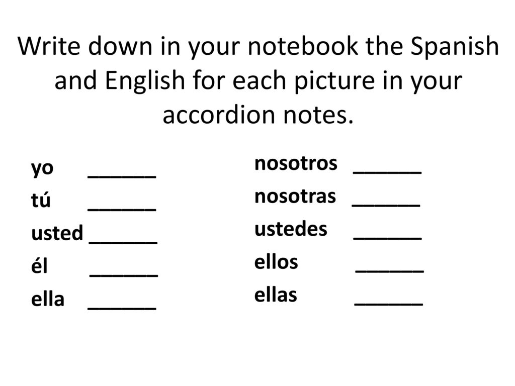 Write down in your notebook the Spanish and English for each picture in your accordion notes.