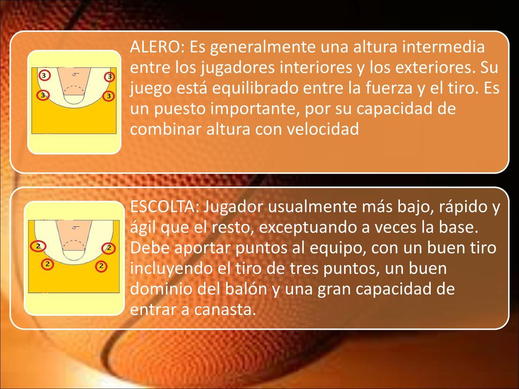 ALERO: Es generalmente una altura intermedia entre los jugadores interiores y los exteriores. Su juego está equilibrado entre la fuerza y el tiro. Es un puesto importante, por su capacidad de combinar altura con velocidad