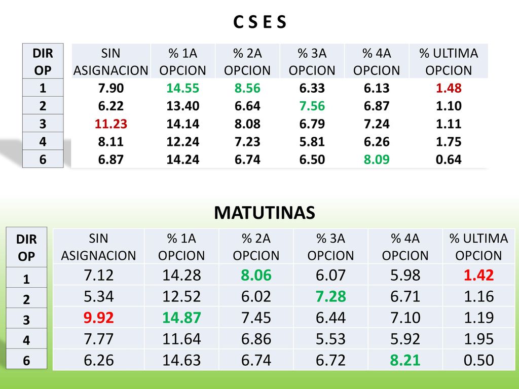 C S E S DIR. OP SIN ASIGNACION. % 1A OPCION. % 2A OPCION. % 3A OPCION. % 4A OPCION.