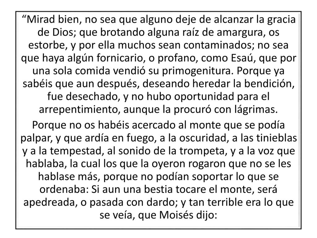 Mirad bien, no sea que alguno deje de alcanzar la gracia de Dios; que brotando alguna raíz de amargura, os estorbe, y por ella muchos sean contaminados; no sea que haya algún fornicario, o profano, como Esaú, que por una sola comida vendió su primogenitura.