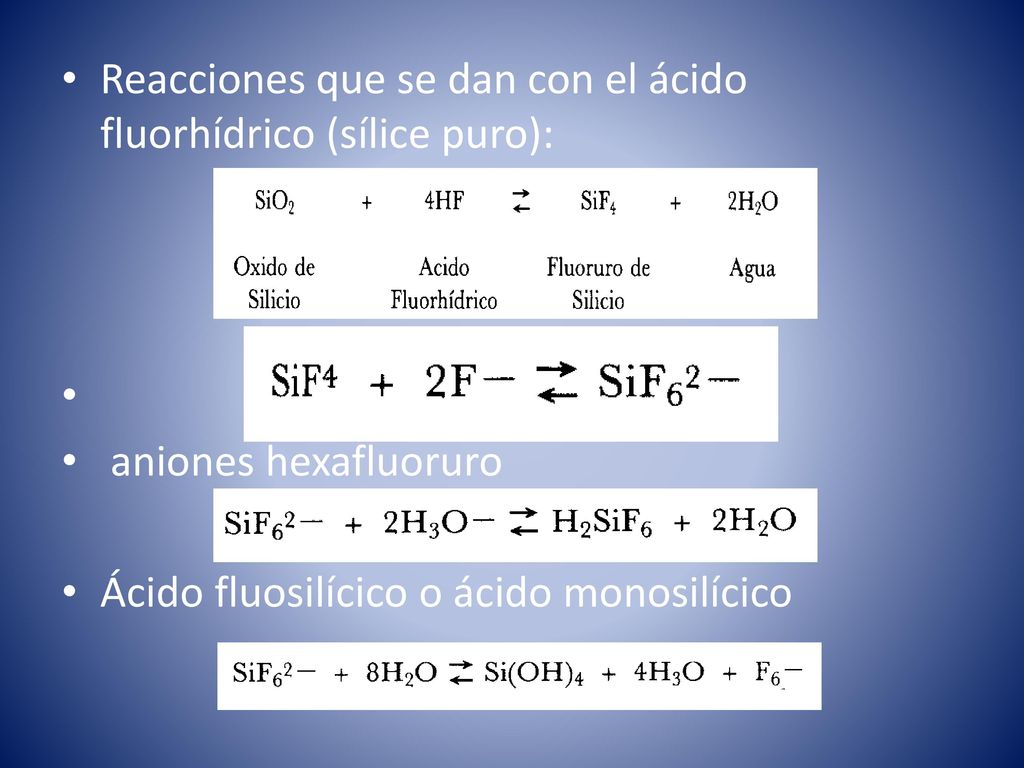 Reacciones que se dan con el ácido fluorhídrico (sílice puro):