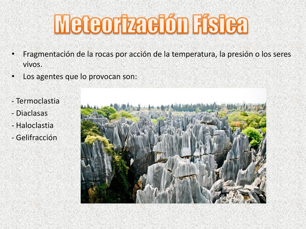 Meteorización Física Fragmentación de la rocas por acción de la temperatura, la presión o los seres vivos.