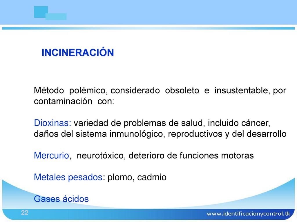 INCINERACIÓN Método polémico, considerado obsoleto e insustentable, por contaminación con: