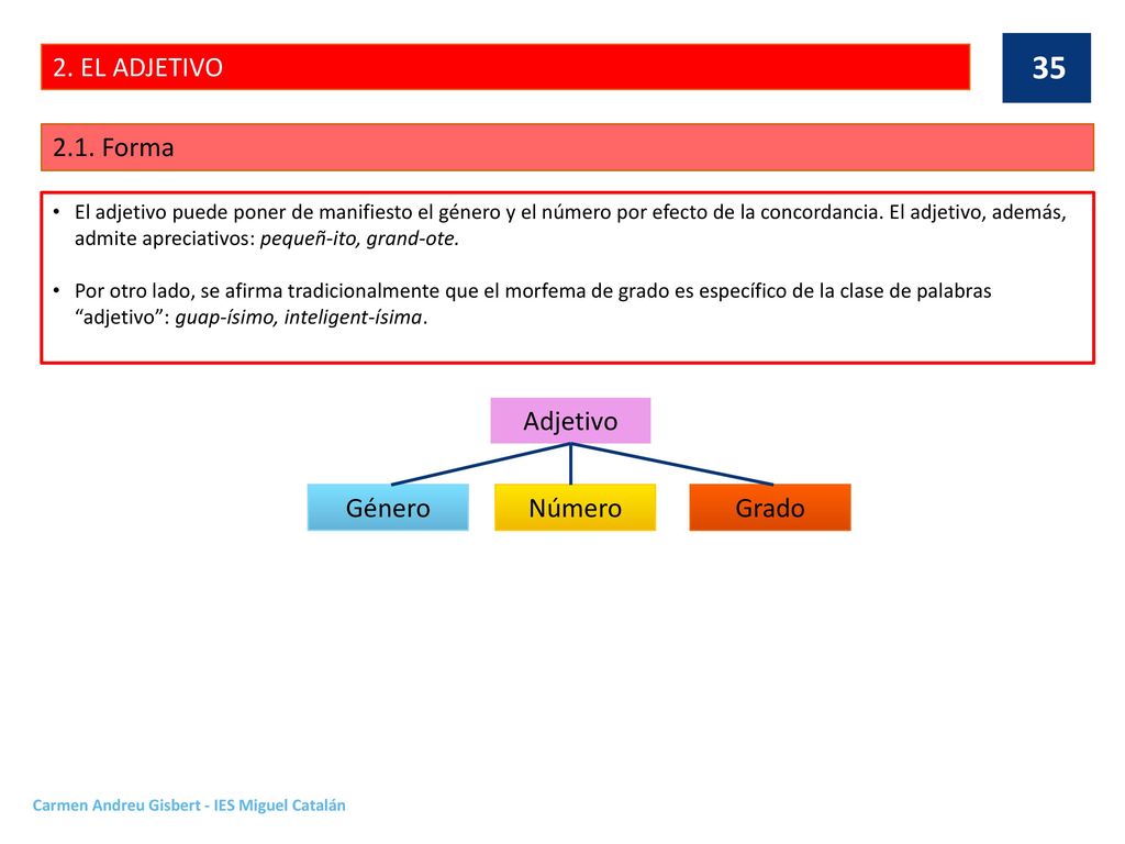 2. EL ADJETIVO 2.1. Forma Adjetivo Género Número Grado