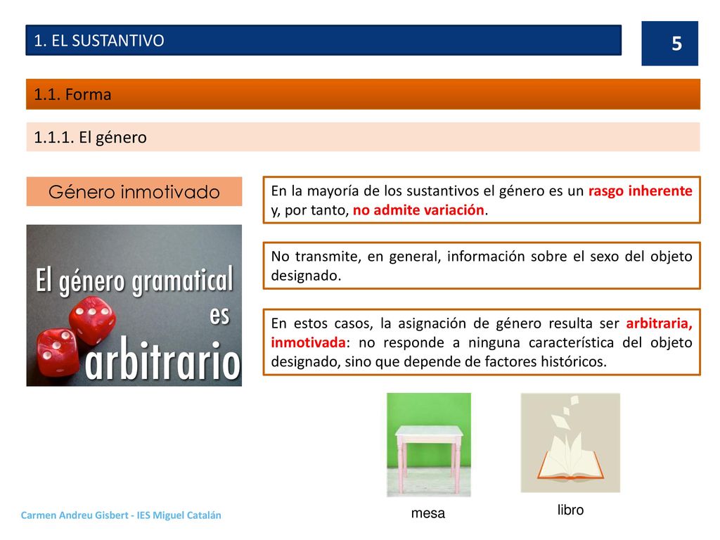 1. EL SUSTANTIVO 1.1. Forma El género Género inmotivado