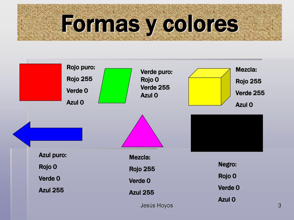 Formas y colores Rojo puro: Mezcla: Rojo 255 Verde puro: Rojo 255