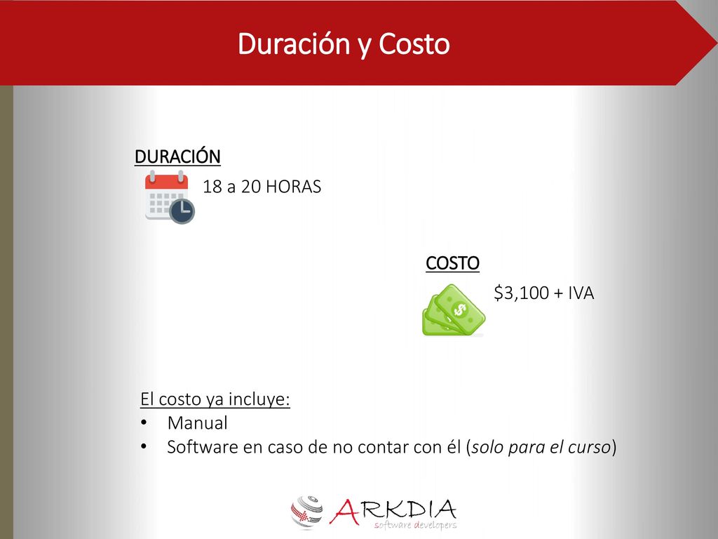 Duración y Costo DURACIÓN 18 a 20 HORAS COSTO $3,100 + IVA