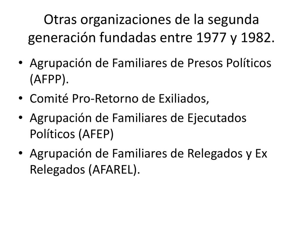 Otras organizaciones de la segunda generación fundadas entre 1977 y 1982.