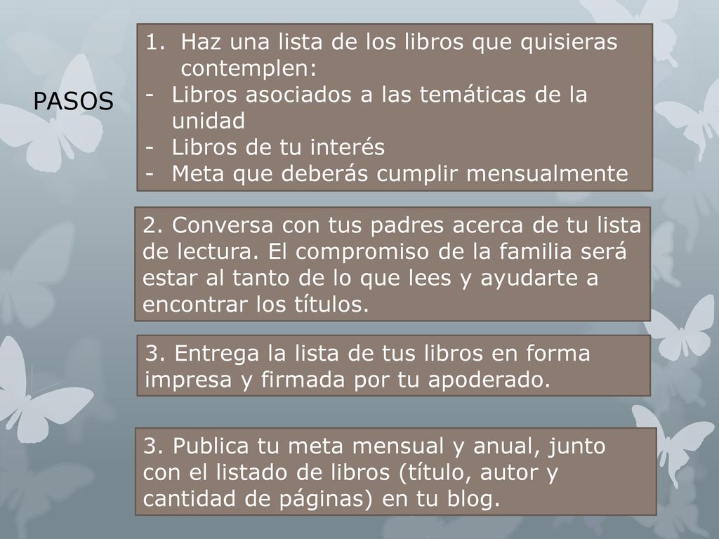 PASOS Haz una lista de los libros que quisieras contemplen: