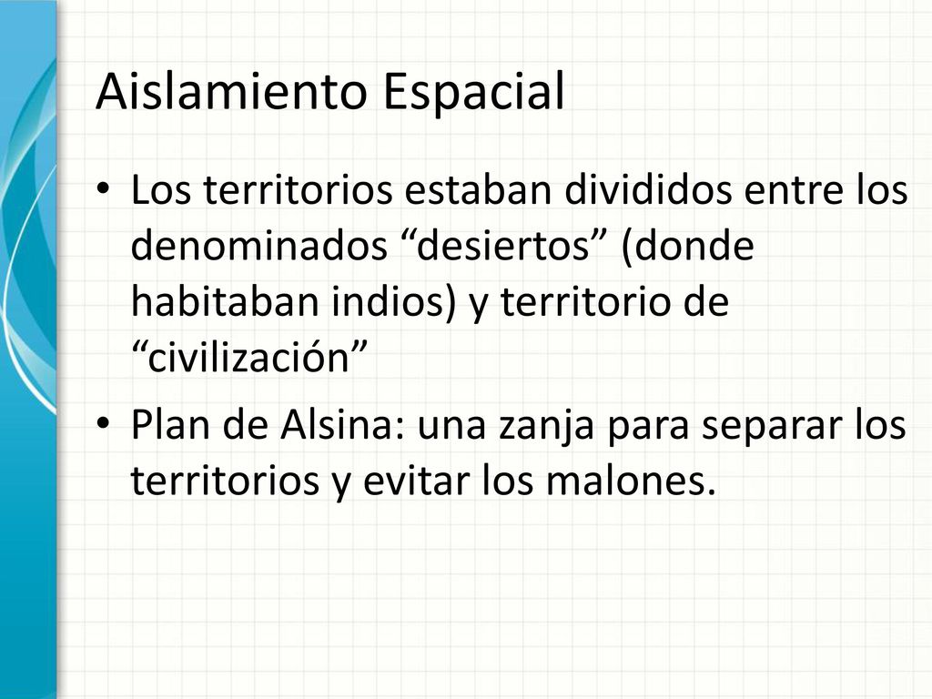 Aislamiento Espacial Los territorios estaban divididos entre los denominados desiertos (donde habitaban indios) y territorio de civilización