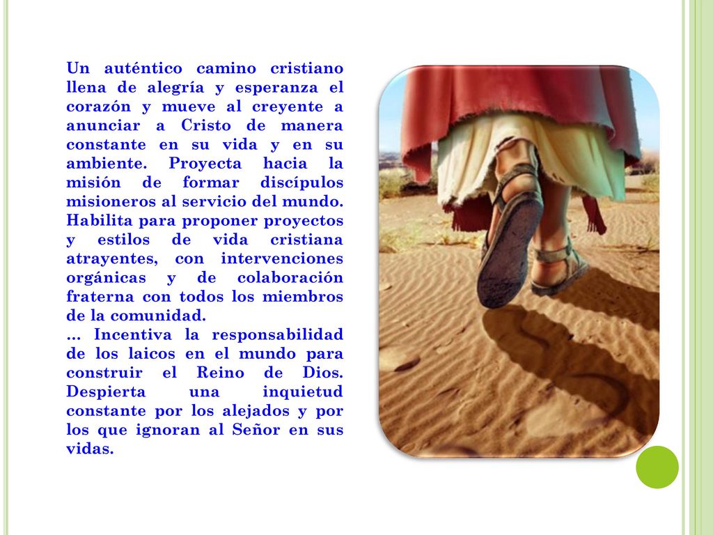 Un auténtico camino cristiano llena de alegría y esperanza el corazón y mueve al creyente a anunciar a Cristo de manera constante en su vida y en su ambiente. Proyecta hacia la misión de formar discípulos misioneros al servicio del mundo. Habilita para proponer proyectos y estilos de vida cristiana atrayentes, con intervenciones orgánicas y de colaboración fraterna con todos los miembros de la comunidad.