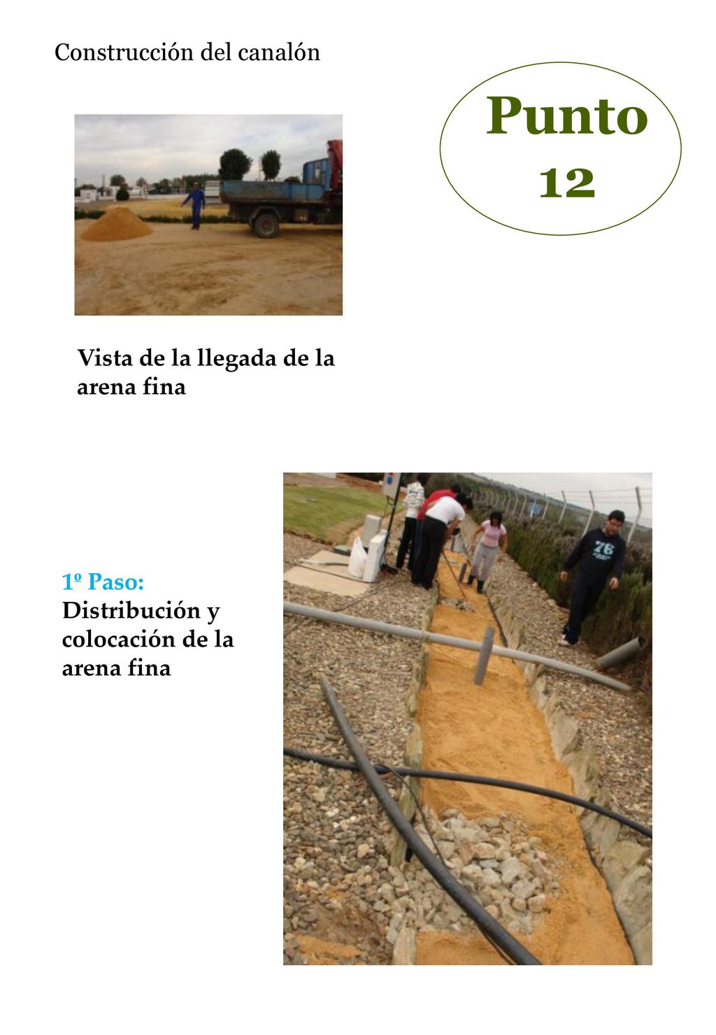 Punto 12 Construcción del canalón Vista de la llegada de la arena fina
