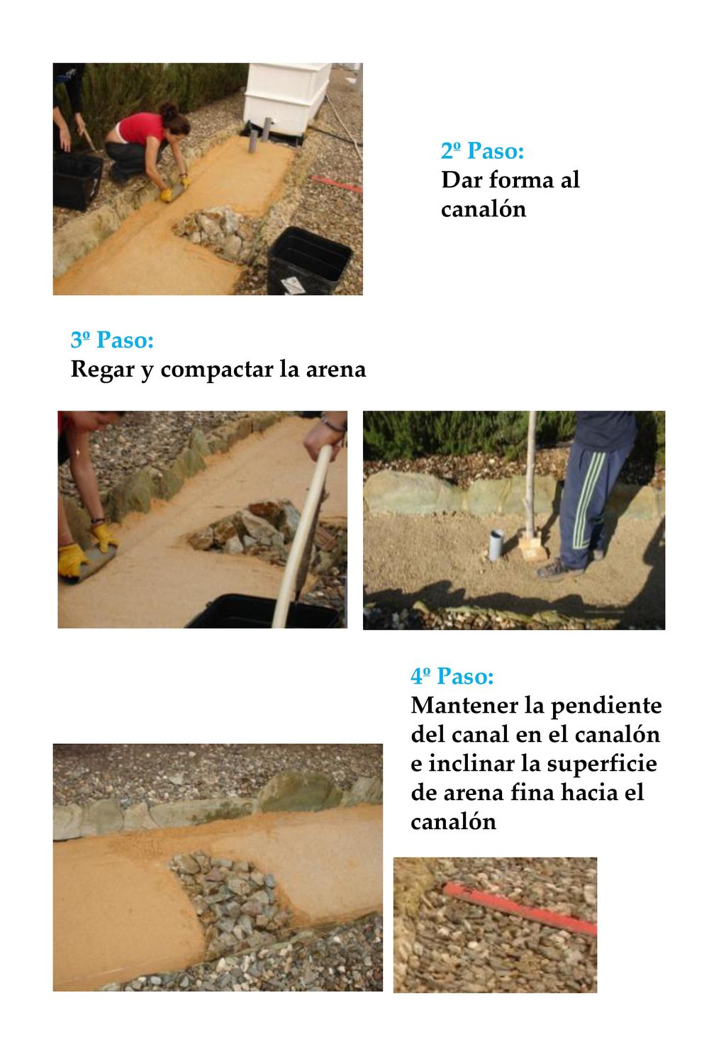 2º Paso: Dar forma al canalón. 3º Paso: Regar y compactar la arena. 4º Paso: