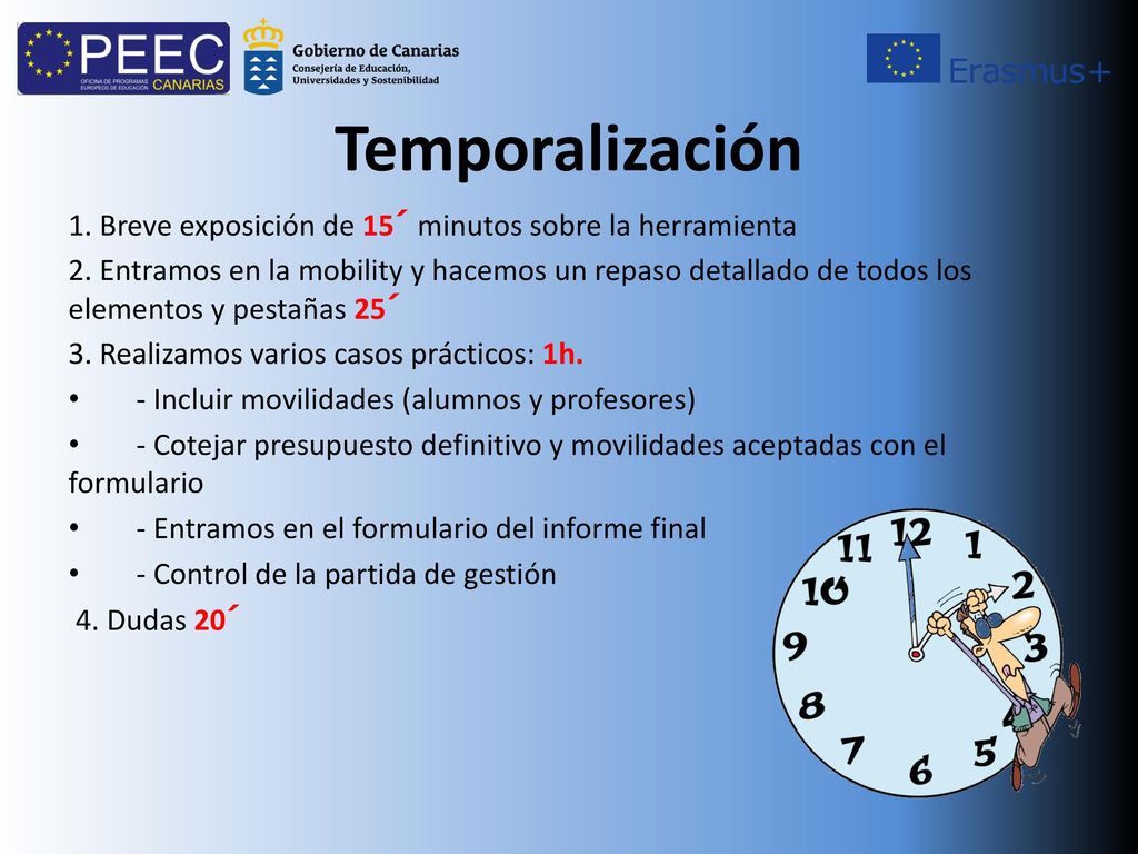 Temporalización 1. Breve exposición de 15´ minutos sobre la herramienta.