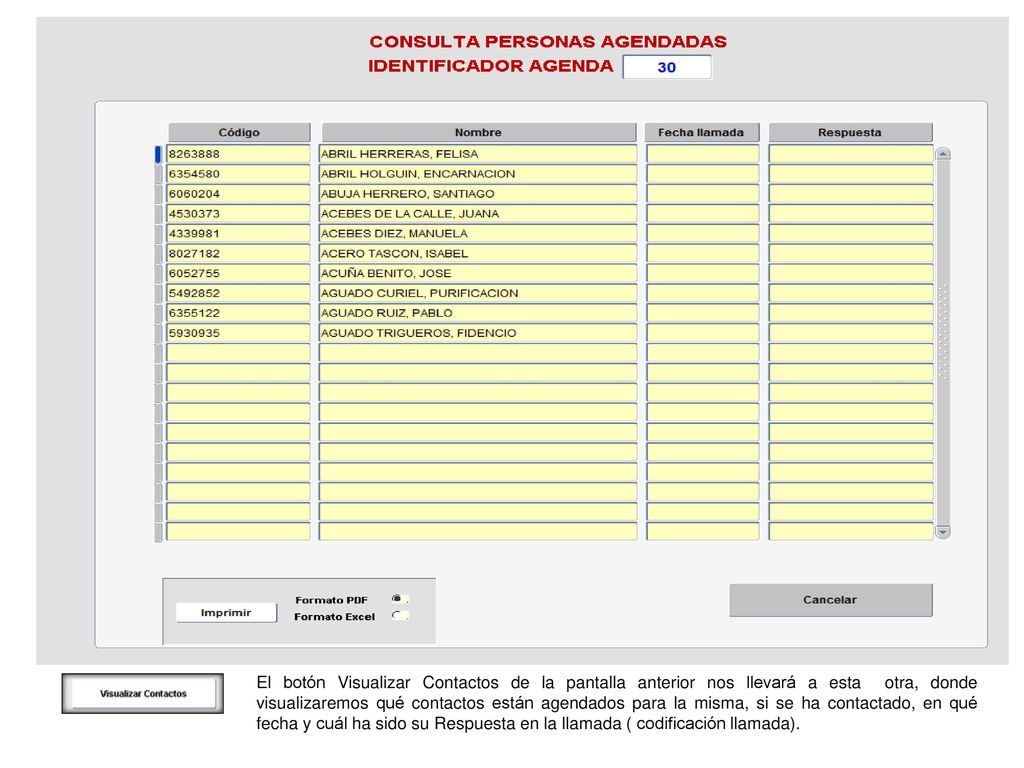 El botón Visualizar Contactos de la pantalla anterior nos llevará a esta otra, donde visualizaremos qué contactos están agendados para la misma, si se ha contactado, en qué fecha y cuál ha sido su Respuesta en la llamada ( codificación llamada).