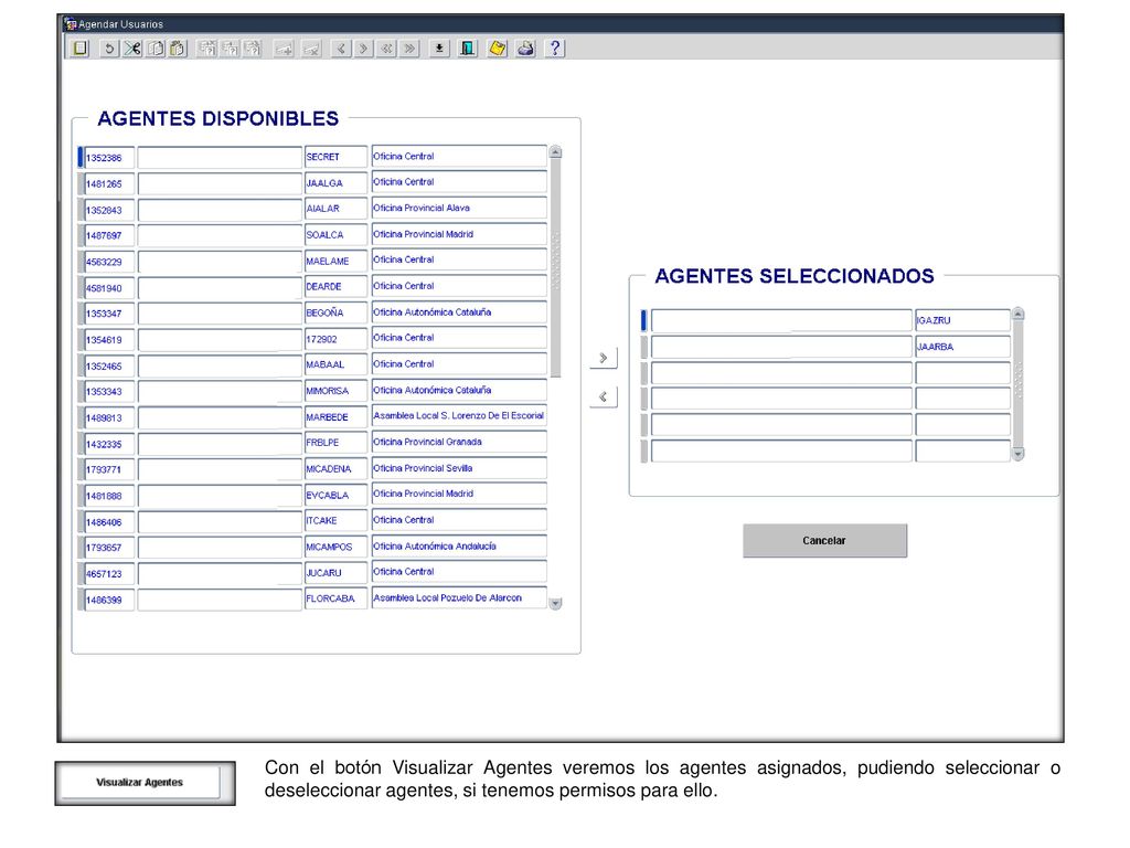 Con el botón Visualizar Agentes veremos los agentes asignados, pudiendo seleccionar o deseleccionar agentes, si tenemos permisos para ello.