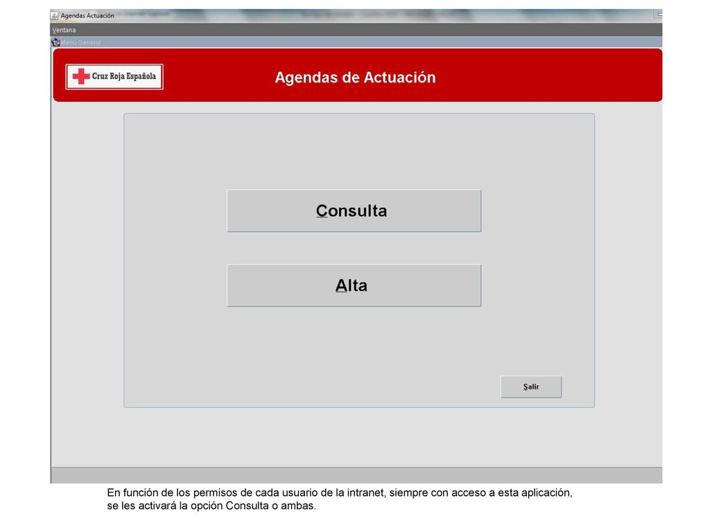 En función de los permisos de cada usuario de la intranet, siempre con acceso a esta aplicación, se les activará la opción Consulta o ambas.