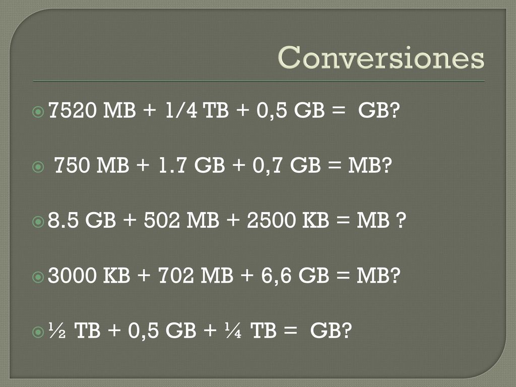 Conversiones 7520 MB + 1/4 TB + 0,5 GB = GB