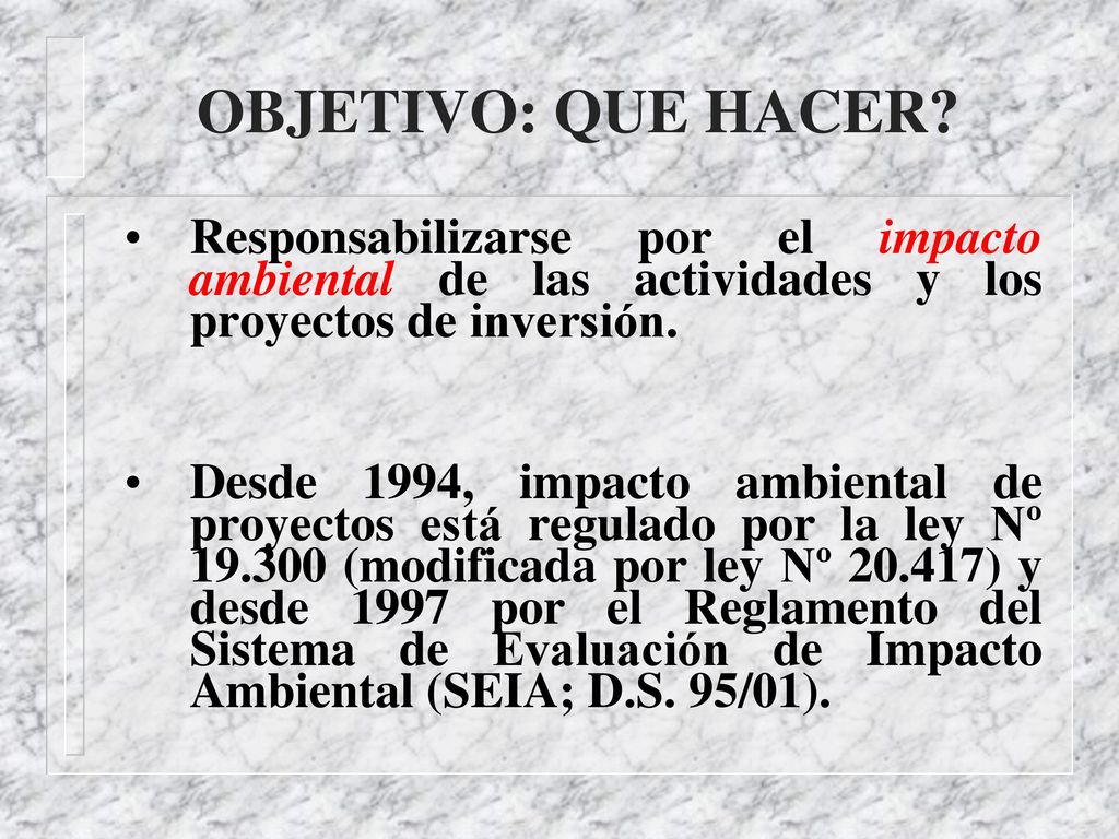 OBJETIVO: QUE HACER Responsabilizarse por el impacto ambiental de las actividades y los proyectos de inversión.