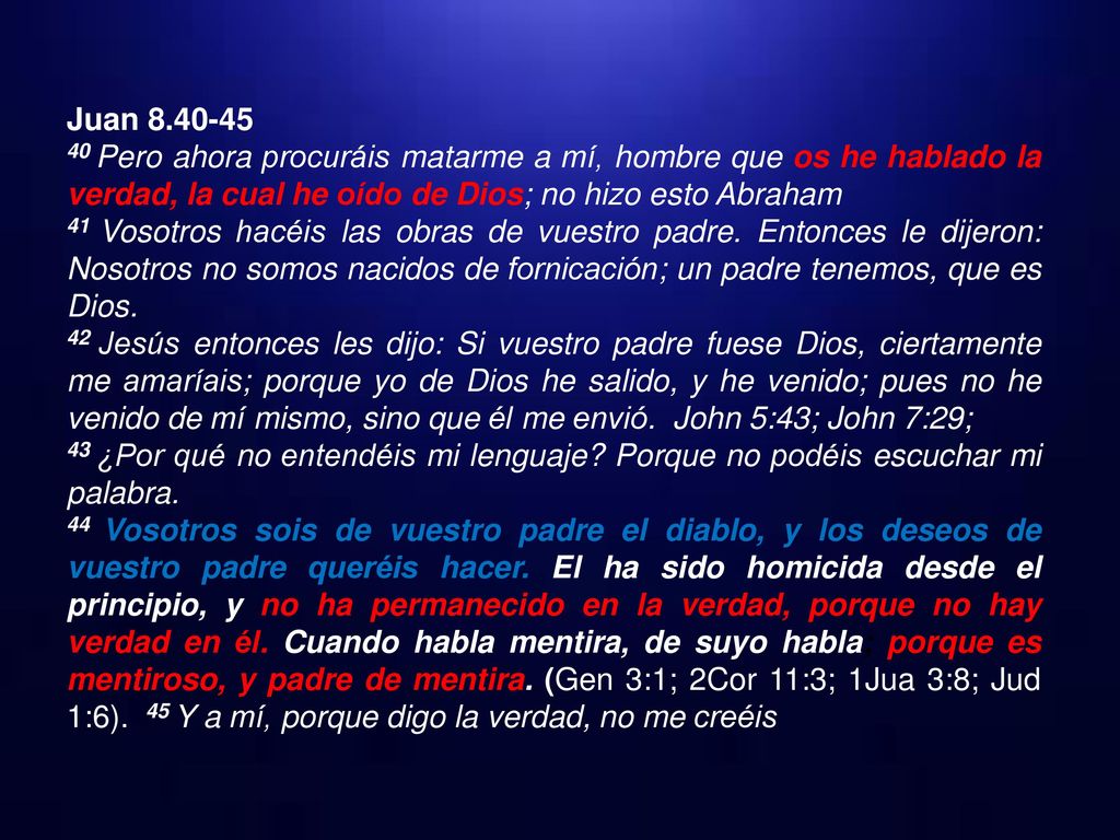 Juan Pero ahora procuráis matarme a mí, hombre que os he hablado la verdad, la cual he oído de Dios; no hizo esto Abraham.