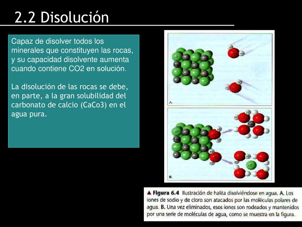 2.2 Disolución Capaz de disolver todos los minerales que constituyen las rocas, y su capacidad disolvente aumenta cuando contiene CO2 en solución.