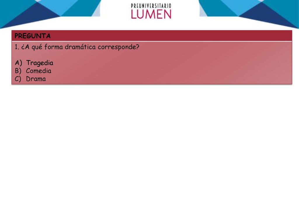 PREGUNTA 1. ¿A qué forma dramática corresponde Tragedia Comedia Drama