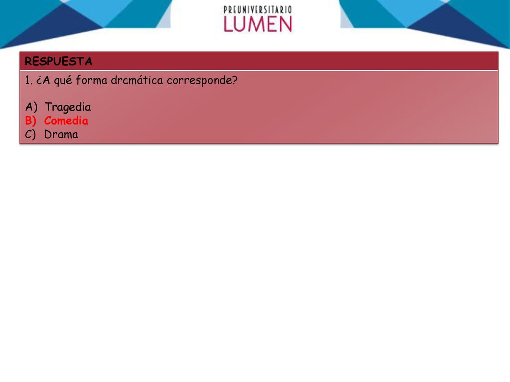 RESPUESTA 1. ¿A qué forma dramática corresponde Tragedia Comedia Drama