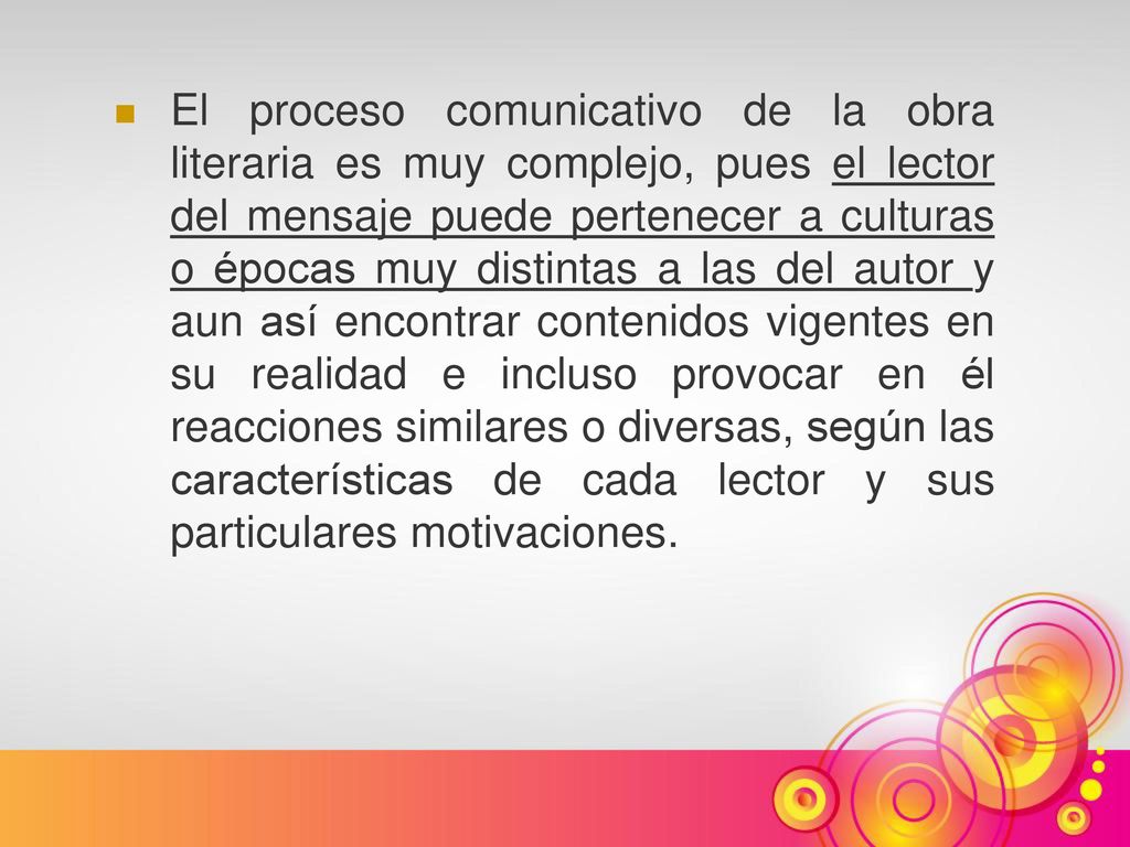 El proceso comunicativo de la obra literaria es muy complejo, pues el lector del mensaje puede pertenecer a culturas o épocas muy distintas a las del autor y aun así encontrar contenidos vigentes en su realidad e incluso provocar en él reacciones similares o diversas, según las características de cada lector y sus particulares motivaciones.