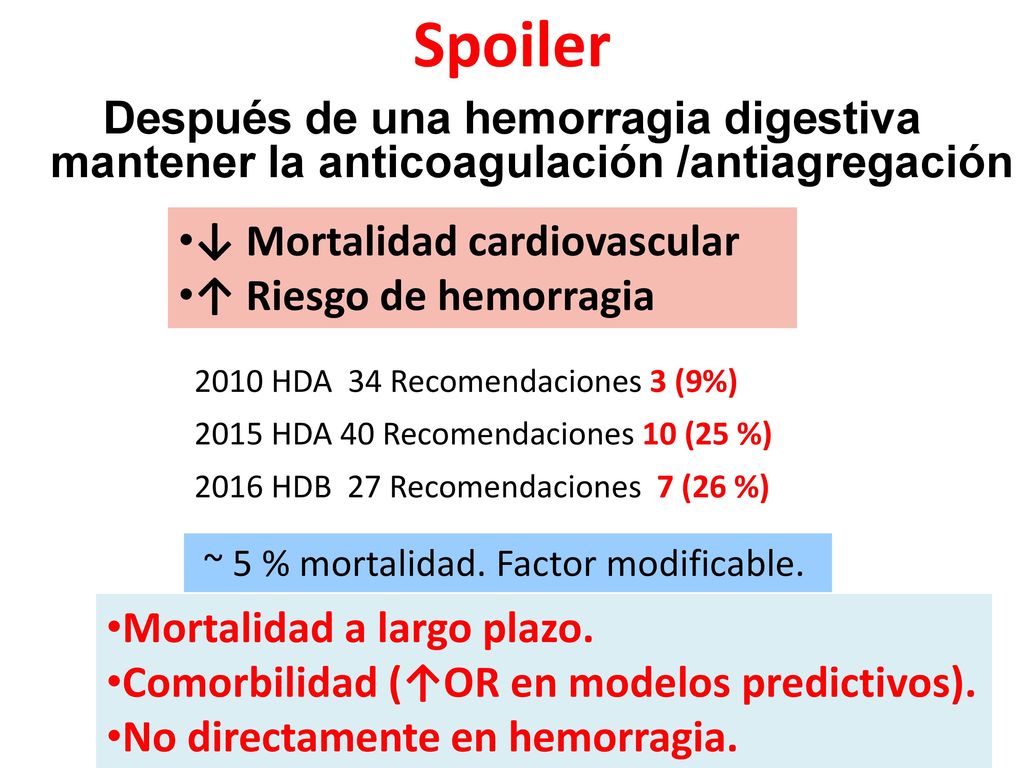 Spoiler Después de una hemorragia digestiva mantener la anticoagulación /antiagregación. ↓ Mortalidad cardiovascular.