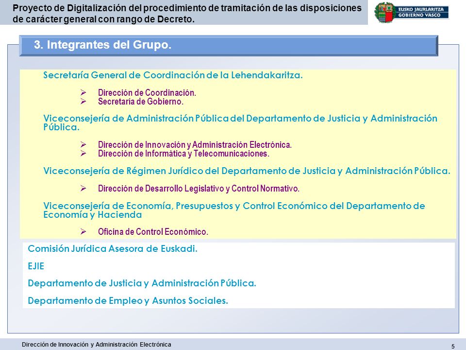 3. Integrantes del Grupo. Secretaría General de Coordinación de la Lehendakaritza. Dirección de Coordinación.
