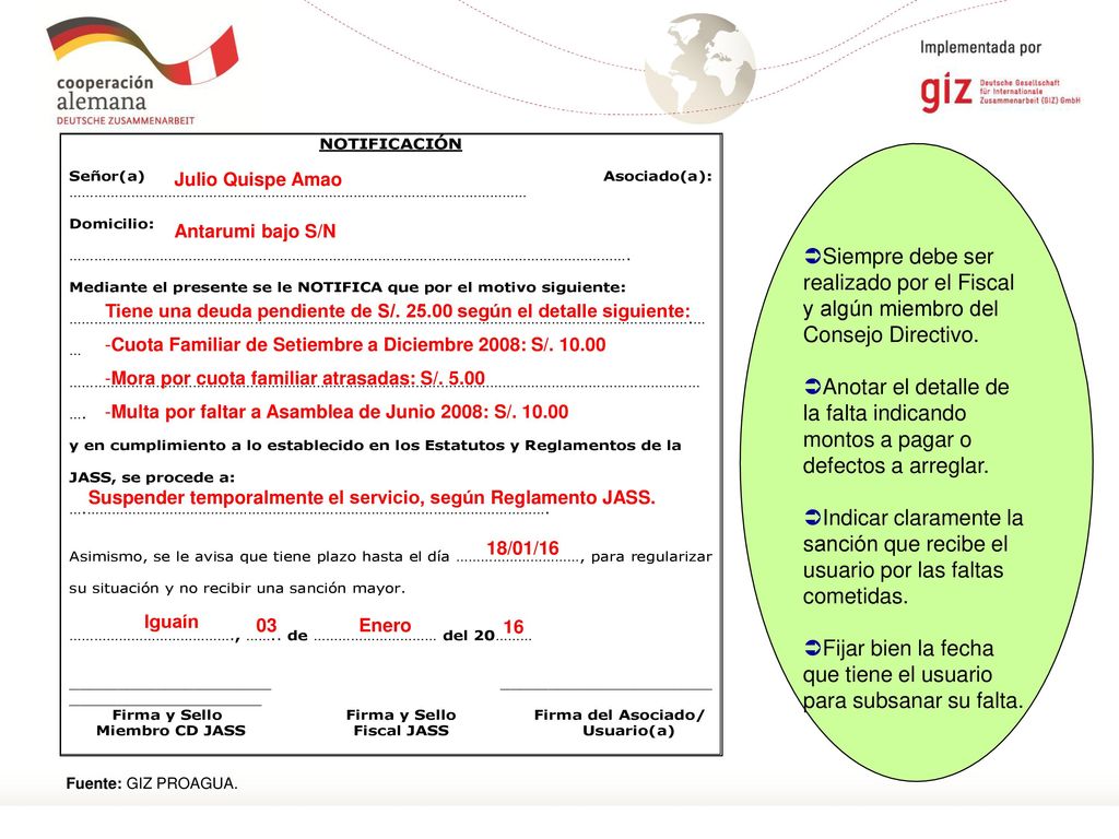 Fijar bien la fecha que tiene el usuario para subsanar su falta.