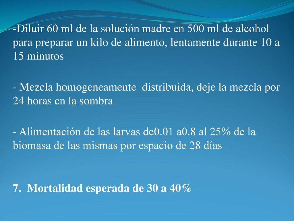 Diluir 60 ml de la solución madre en 500 ml de alcohol para preparar un kilo de alimento, lentamente durante 10 a 15 minutos