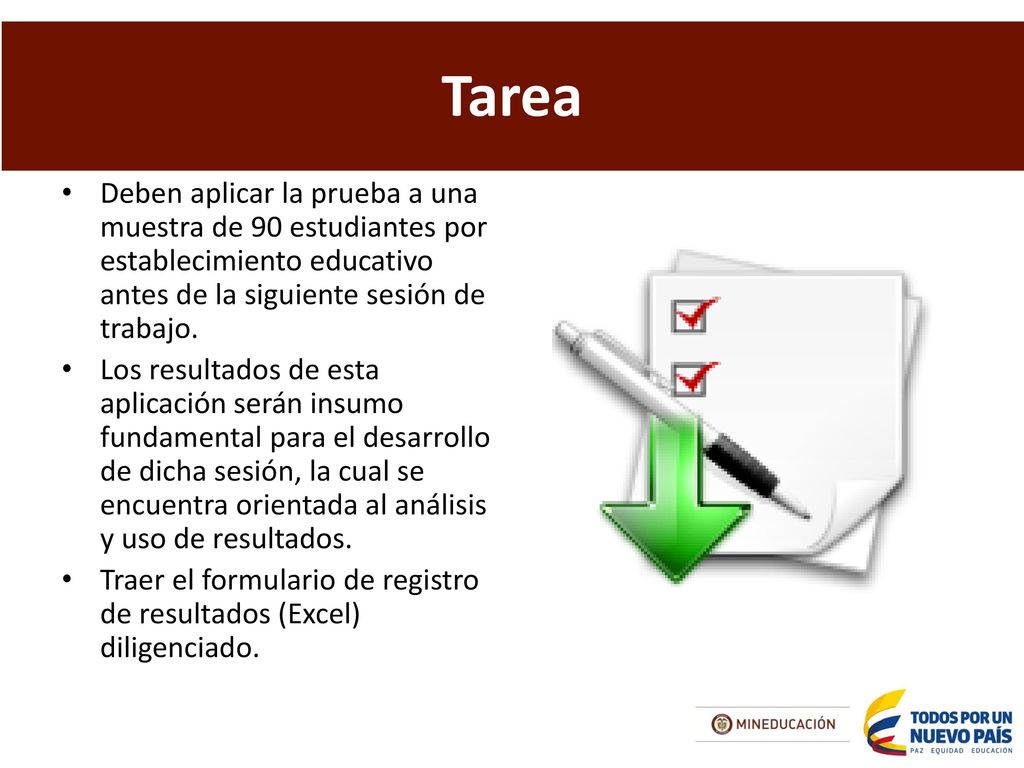 Tarea Deben aplicar la prueba a una muestra de 90 estudiantes por establecimiento educativo antes de la siguiente sesión de trabajo.