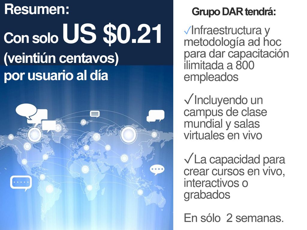 Con solo US $0.21 (veintiún centavos) por usuario al día