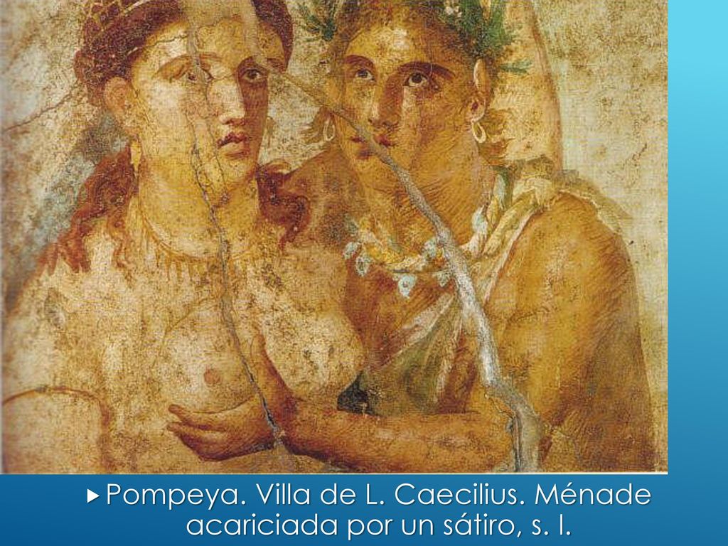 Pompeya. Villa de L. Caecilius. Ménade acariciada por un sátiro, s. I.