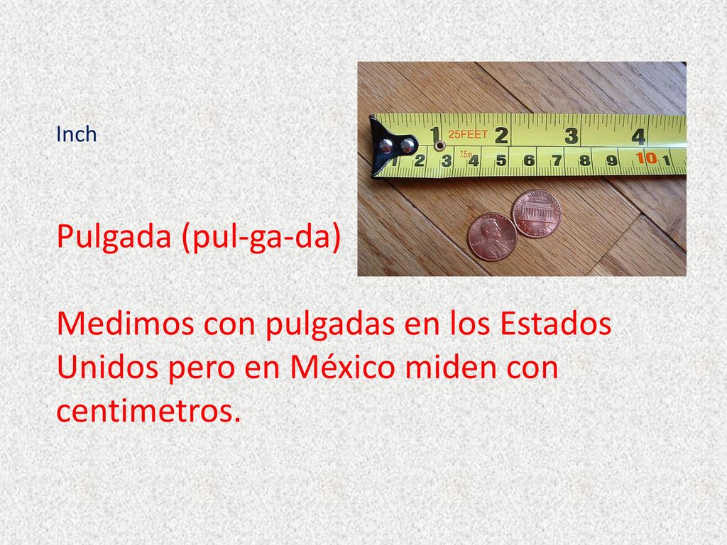 Inch Pulgada (pul-ga-da) Medimos con pulgadas en los Estados Unidos pero en México miden con centimetros.