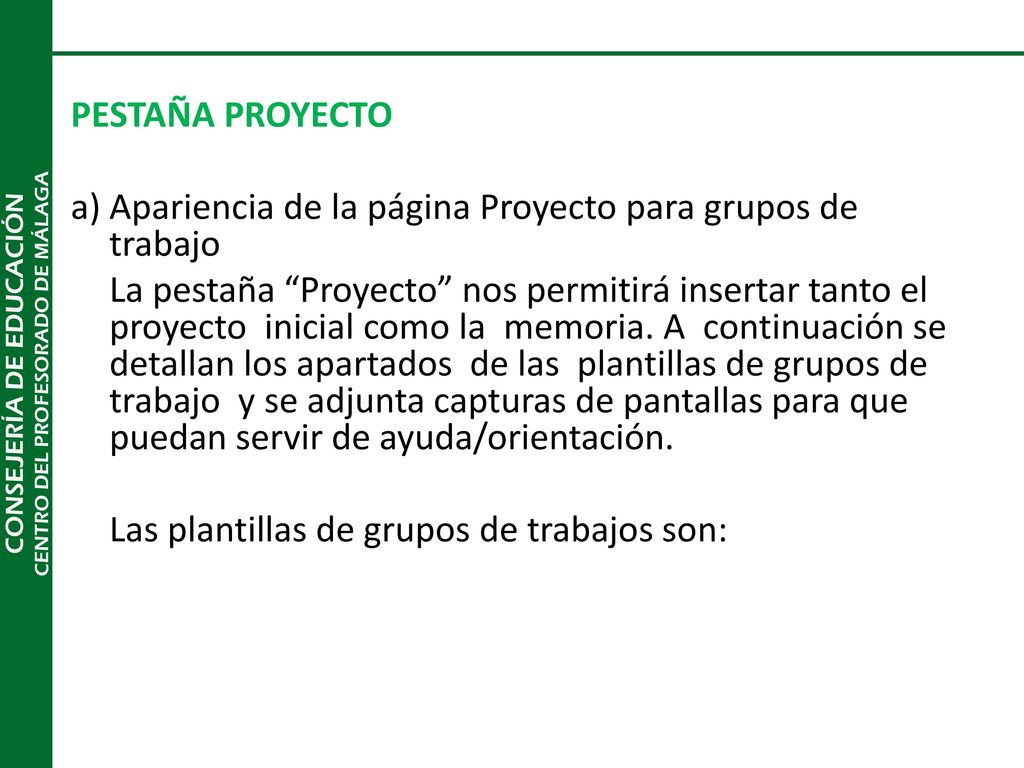 PESTAÑA PROYECTO a) Apariencia de la página Proyecto para grupos de trabajo.