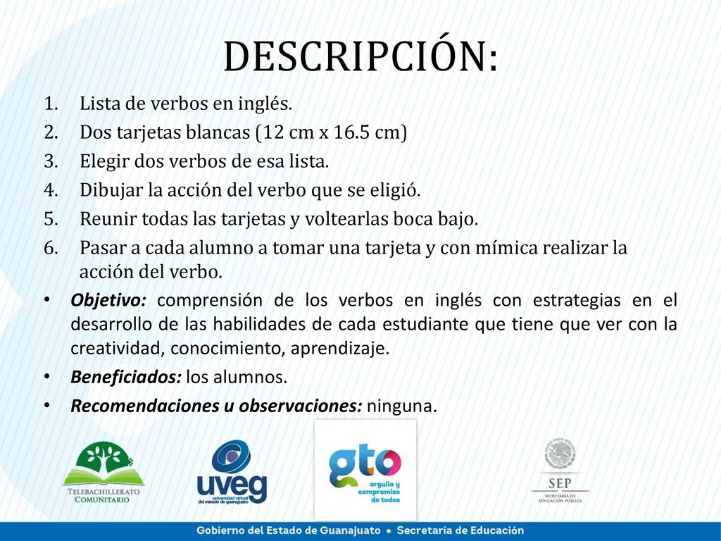 DESCRIPCIÓN: Lista de verbos en inglés.