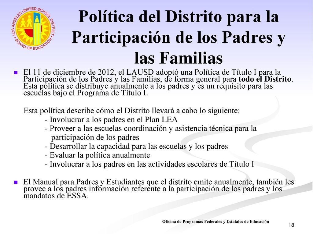 Política del Distrito para la Participación de los Padres y las Familias