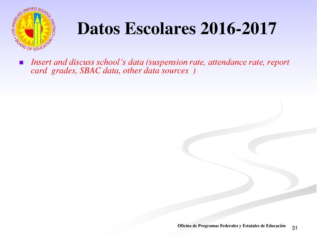 Datos Escolares Insert and discuss school’s data (suspension rate, attendance rate, report card grades, SBAC data, other data sources )